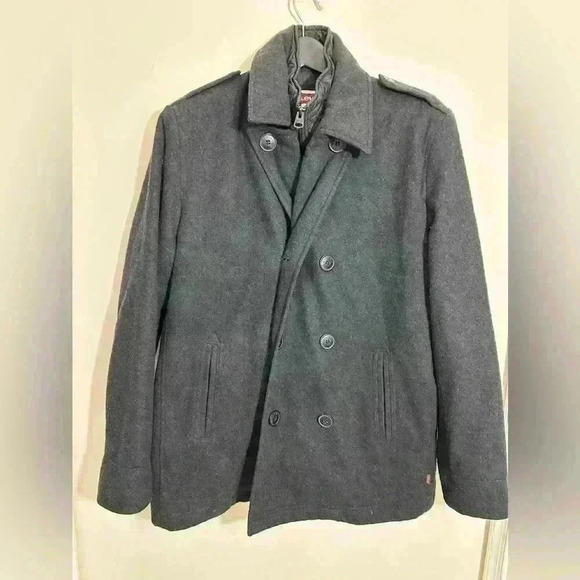 Levis Pea Coat Men's Black Wool Double Breasted Insulated Quilted Size XL - Picture 1 of 10